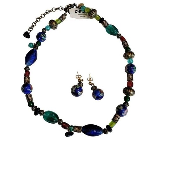 Chico's Venetian Glass Antiqued Brass Tone Beaded Necklace Earrings Set New - Picture 2 of 4